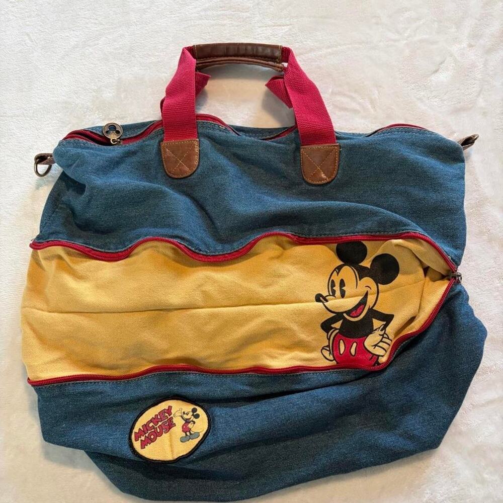 Vintage 1990s Disney Mickey Mouse Denim Expandable Duffel Bag Travel Tote